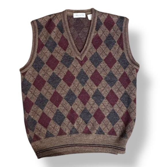 Vintage 90s Argyle Knit Sweater Vest Tan Wool Blend Unisex Large Preppy Academia